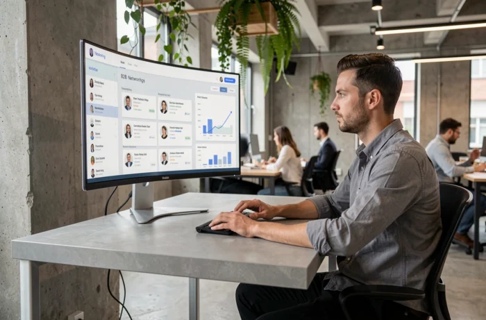Entrepreneur masculin travaillant sur une plateforme B2B de mise en relation professionnelle dans un espace de coworking moderne avec un grand écran courbe affichant des analyses et des profils partenaires