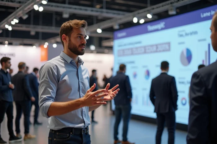 Jeune entrepreneur présentant son projet lors d'un salon d'innovation entrepreneuriale en France