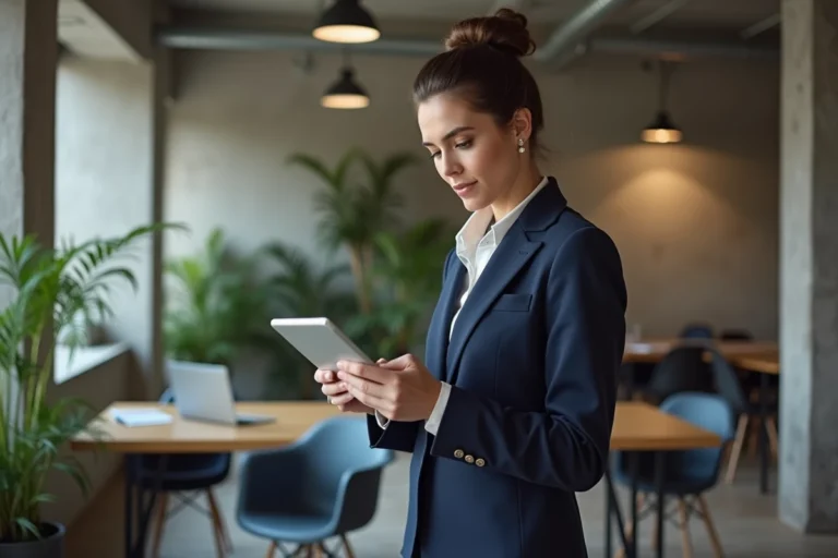 Entrepreneuse française dans un espace de coworking moderne à Paris, consultant une tablette avec des documents professionnels