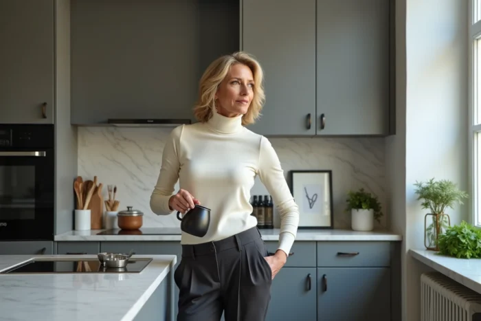 Femme élégante dans une cuisine moderne parisienne, épouse d'un journaliste célèbre dans son quotidien privé