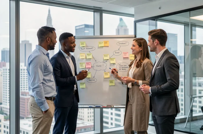 Équipe de professionnels en séance de brainstorming pour développer la stratégie de croissance d'une entreprise