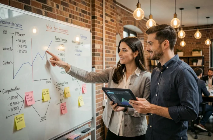 Deux professionnels collaborant devant un tableau blanc rempli de métriques d'optimisation de site web dans un espace de coworking