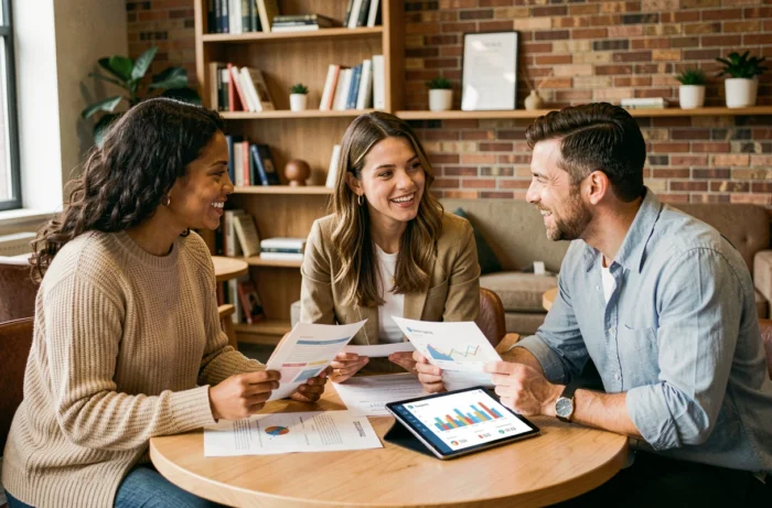 Équipe de trois professionnels diversifiés analysant des solutions B2B et des métriques de partenariat sur une tablette et des documents imprimés dans un salon de bureau contemporain