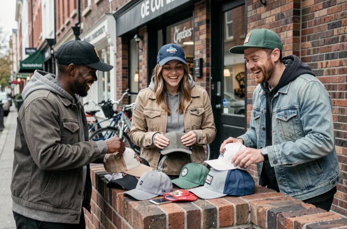 Groupe d'amis en ville essayant différentes casquettes et comparant les tailles sur un mur en briques urbain