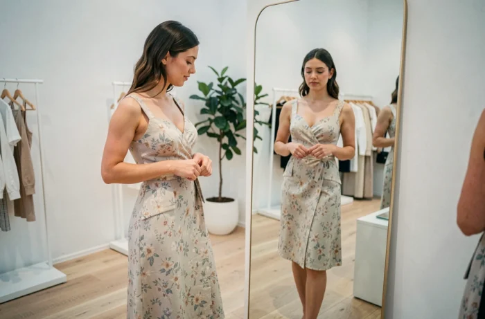 Frau probiert ein strukturiertes blumiges Kleid in einem Modegeschäft für den Trend 2024