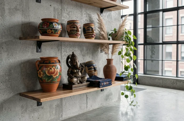 Wooden shelf filled with various ethnic decorative objects, Guatemalan pottery, African masks, and a terracotta vase against a raw concrete wall