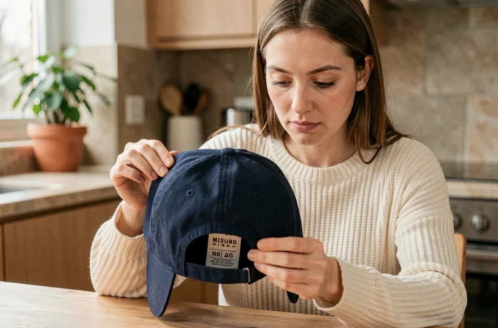 Femme inspectant l'étiquette de taille intérieure d'une casquette bleue pour vérifier la pointure avant achat