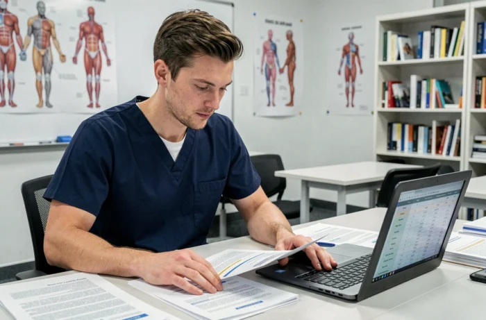 Student nursing assistant consulting the documents of the new training framework 2026 in a nursing training center