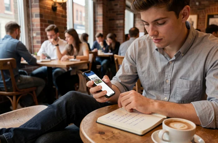 Étudiant consultant l'ENT de Sciences Po Bordeaux sur smartphone dans un café avec notes de connexion