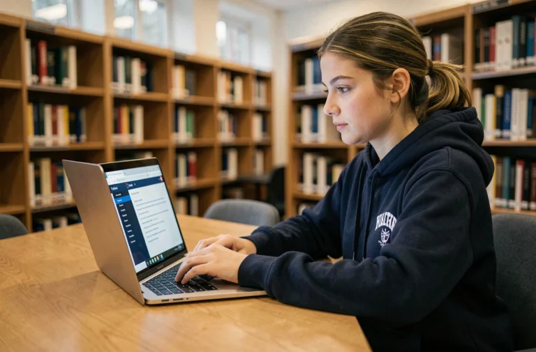 Étudiante de Sciences Po Bordeaux connectée à l'ENT sur son ordinateur portable dans une bibliothèque universitaire