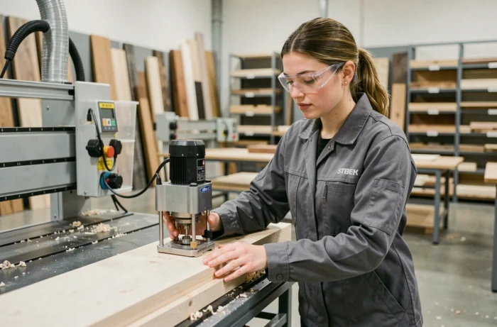 Étudiante en menuiserie utilisant une fraiseuse CNC dans un atelier de formation professionnelle moderne