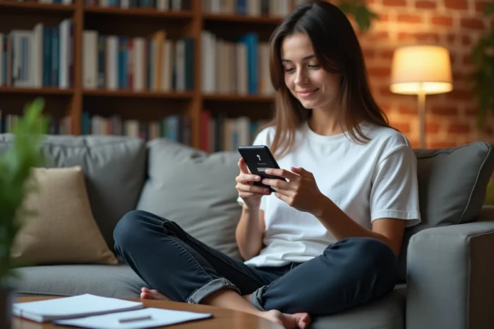 Une étudiante consultant son smartphone pour réinitialiser son mot de passe du portail Arena Aix Marseille depuis son appartement