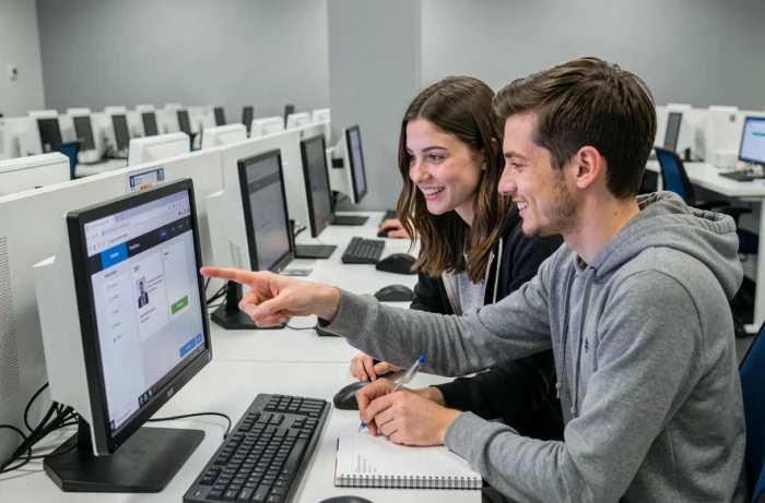 Deux étudiants de Sciences Po Bordeaux s'aidant mutuellement pour accéder à l'ENT dans une salle informatique universitaire