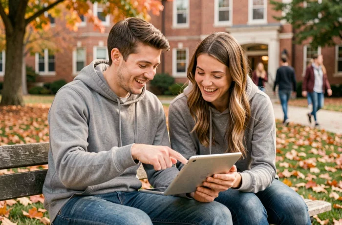 Two students learning together about IT on a digital tablet outdoors on a university campus