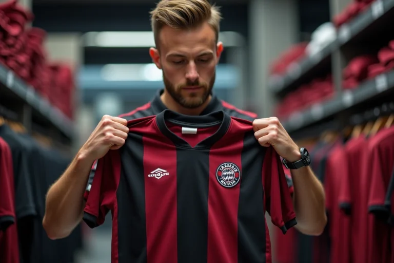 Un homme examine de près la couture et la broderie d'un maillot Bastard München de qualité supérieure dans un magasin de sport