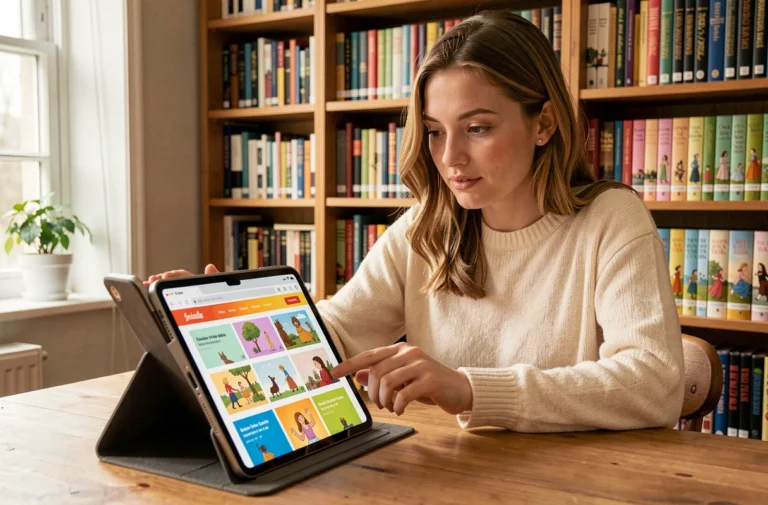 Jeune femme explorant un site de contes et histoires illustrées sur une tablette dans une bibliothèque chaleureuse
