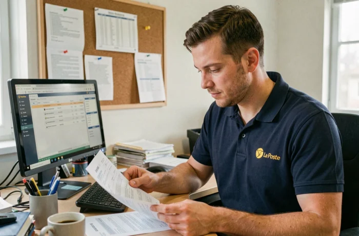 La Poste mail carrier consulting their clothing order in an administrative office