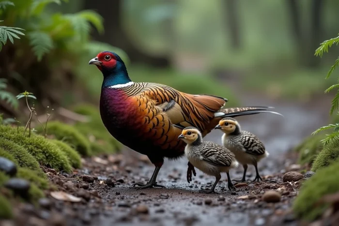 Poule faisan avec ses deux poussins de cinq jours sur un sentier forestier boueux, un poussin se réfugiant sous son aile