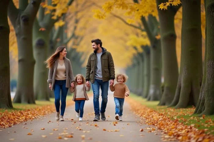 Famille se promenant dans un parc en automne, scène de vie familiale chaleureuse et naturelle