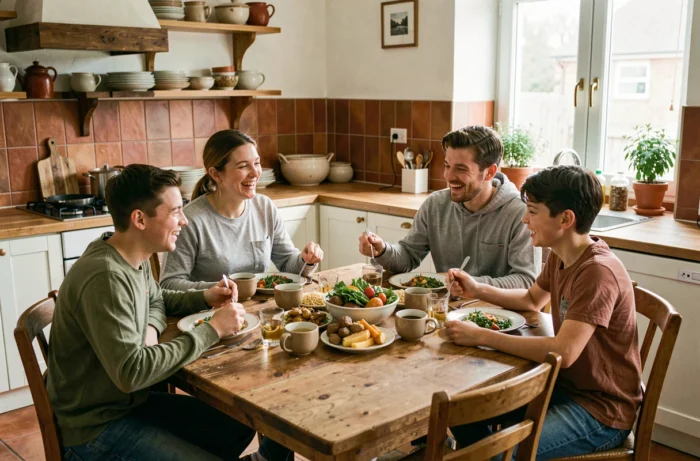 Famille réunie autour d'un repas partagé dans une cuisine chaleureuse et authentique