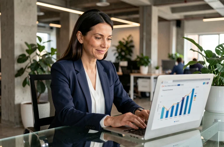Femme d'affaires analysant des graphiques de croissance sur un ordinateur portable dans un bureau moderne