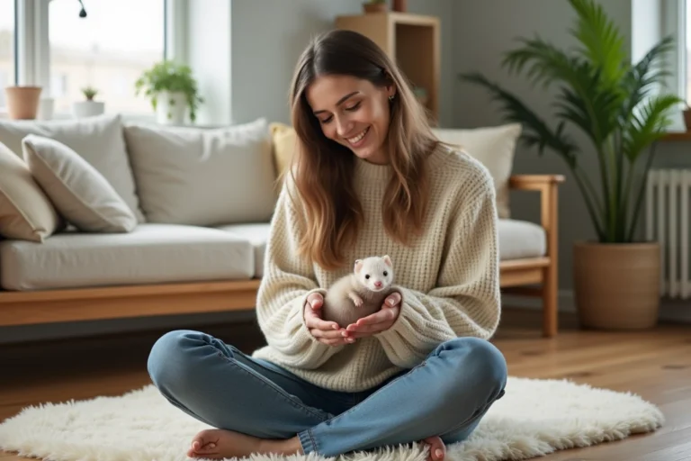 Jeune femme tenant une belette apprivoisée dans ses mains dans un salon scandinave chaleureux
