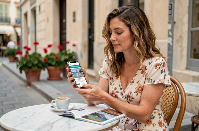 Femme consultant une cagnotte de voyage de noces sur smartphone en terrasse de café