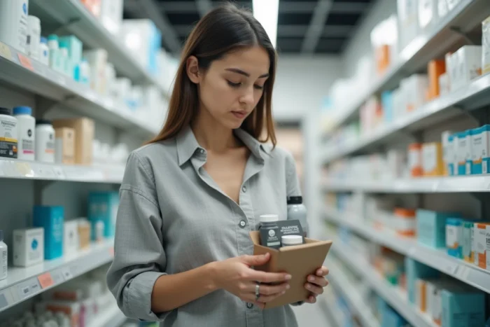 Jeune femme lisant l'étiquette d'une boîte de charbon actif en pharmacie dans un rayon de compléments alimentaires