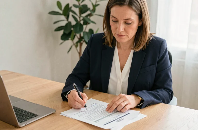 Femme consultant un contrat d'assurance LBP IARD à son bureau, stylo en main, dans un environnement de travail professionnel