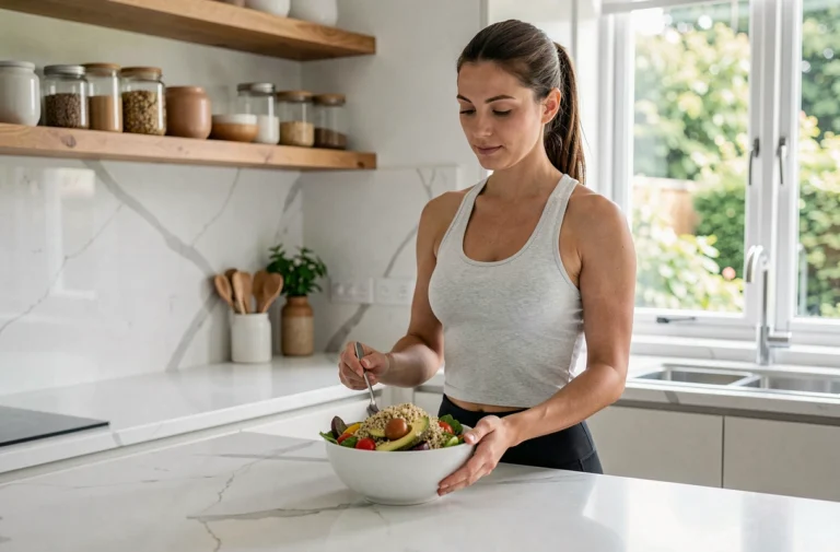Femme préparant un bol de salade saine avec des légumes frais et du quinoa dans une cuisine moderne
