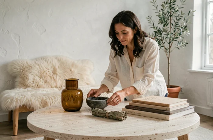 Woman arranging original ethnic decorative objects on a travertine coffee table in a minimalist and warm interior