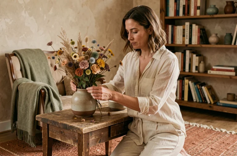 Femme arrangeant un bouquet de fleurs séchées dans un salon cosy avec des murs en plâtre chaud et une décoration naturelle et chaleureuse