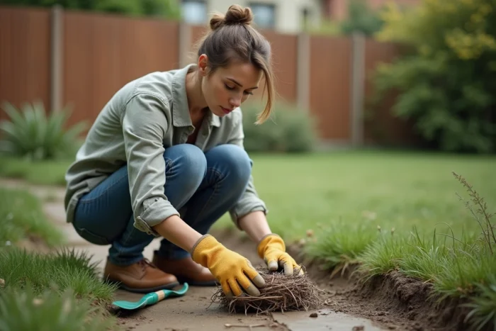 Femme jardineuse observant attentivement un nid de bébés lapins découvert dans son jardin sans le toucher