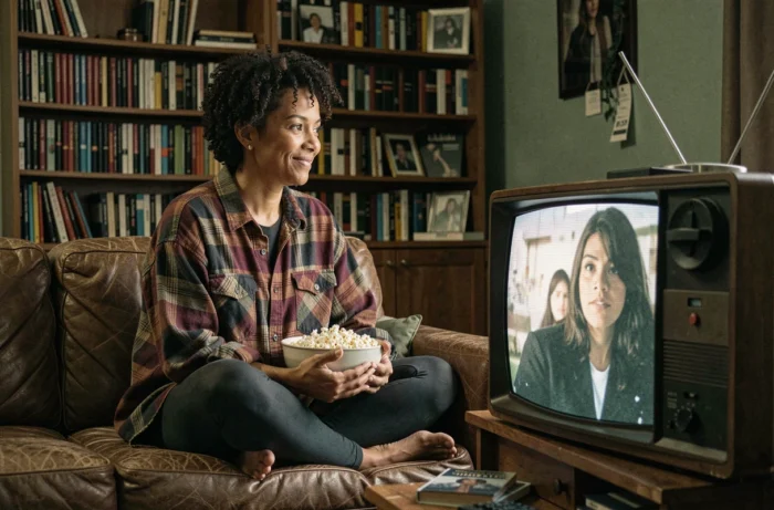 Femme regardant un film de série Z sur une vieille télévision dans un salon cosy aux tons rétro