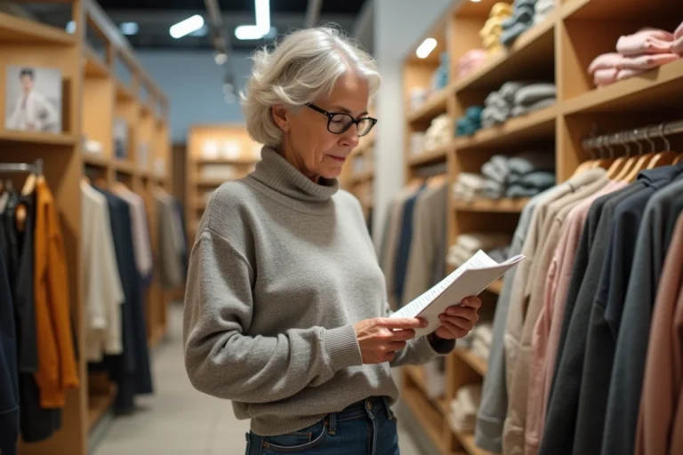 Femme mature consultant un guide des tailles Damart en boutique de vêtements
