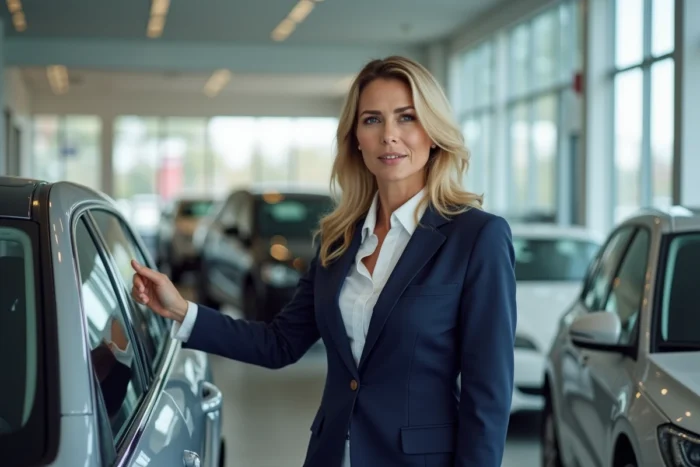 Une femme inspectant une voiture d'occasion dans une concession Spoticar, symbolisant la fiabilité et la confiance client