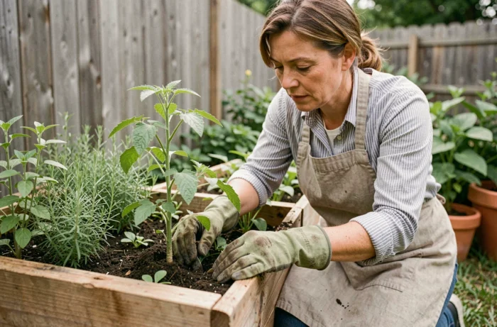 Femme jardinant dans un potager surélevé en bois, soignant des plants de tomates avec des gants de jardinage en vert olive