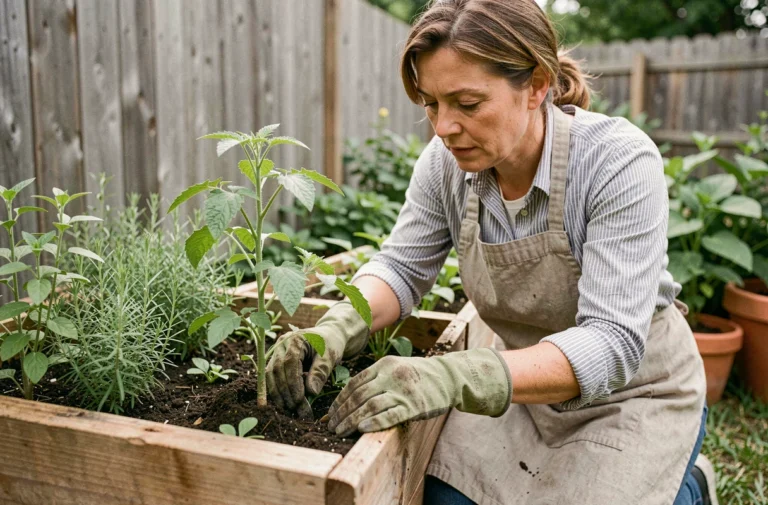Femme jardinant dans un potager surélevé en bois, soignant des plants de tomates avec des gants de jardinage en vert olive