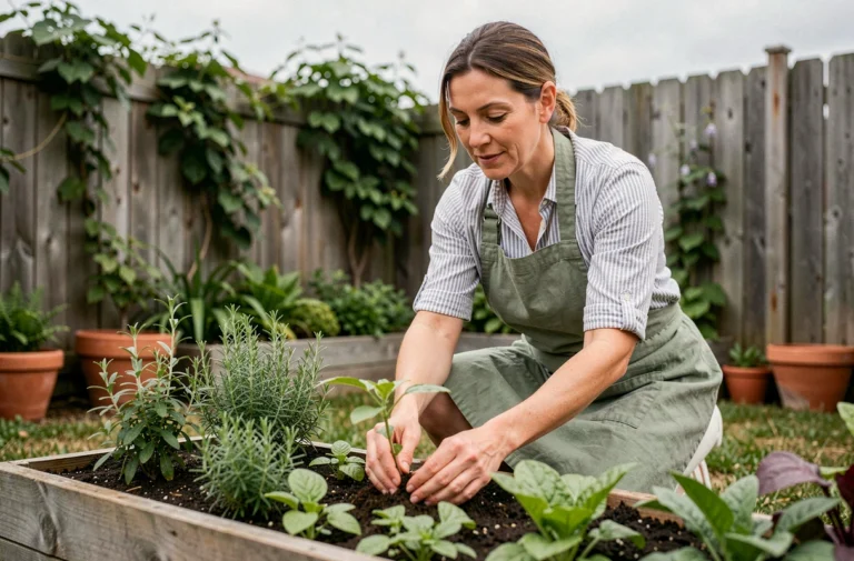 Femme jardinière en tablier de lin plantant des herbes aromatiques dans un potager surélevé en bois dans un jardin suburban
