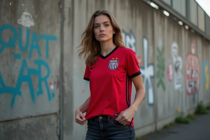 Une femme porte un maillot Bastard München près d'un mur de stade en béton, illustrant la qualité du tissu extensible et des coutures du vêtement