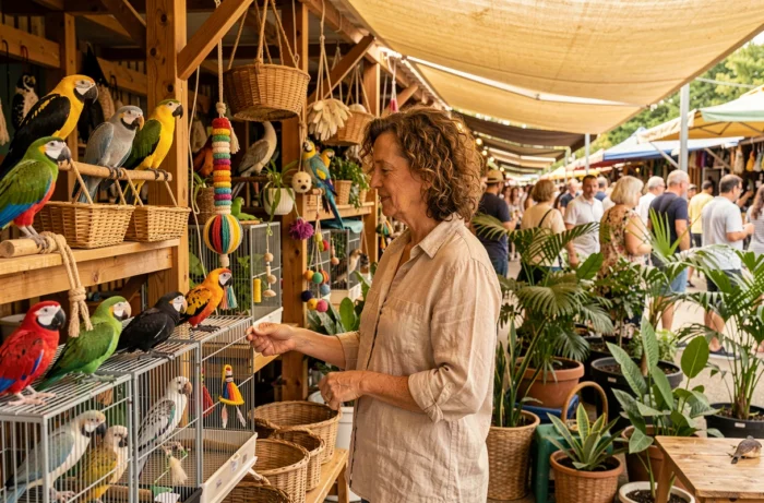 Femme explorant un marché animalier en plein air avec oiseaux exotiques et accessoires