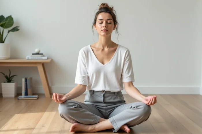 Femme pratiquant la pleine conscience assise sur un parquet en bois dans un cabinet de psychologie minimaliste, illustrant la méthode ACT en thérapie