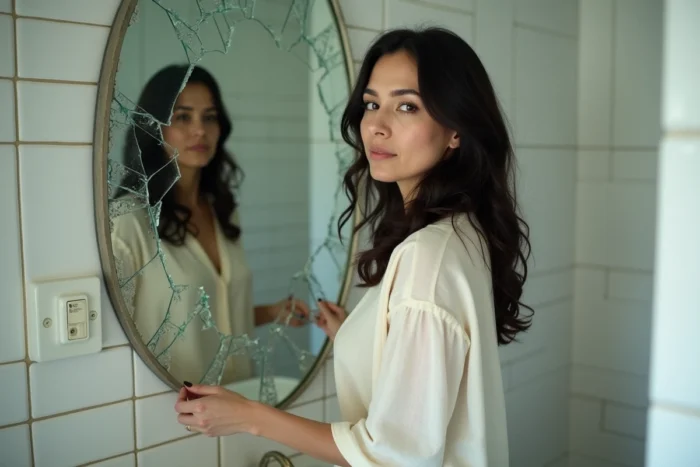 Femme contemplant son reflet fragmenté dans un miroir brisé, symbolisme spirituel et introspection intérieure