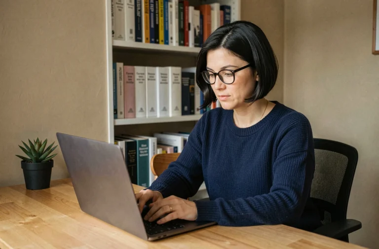 Femme concentrée travaillant sur un ordinateur portable dans un bureau à domicile, entourée de livres informatiques