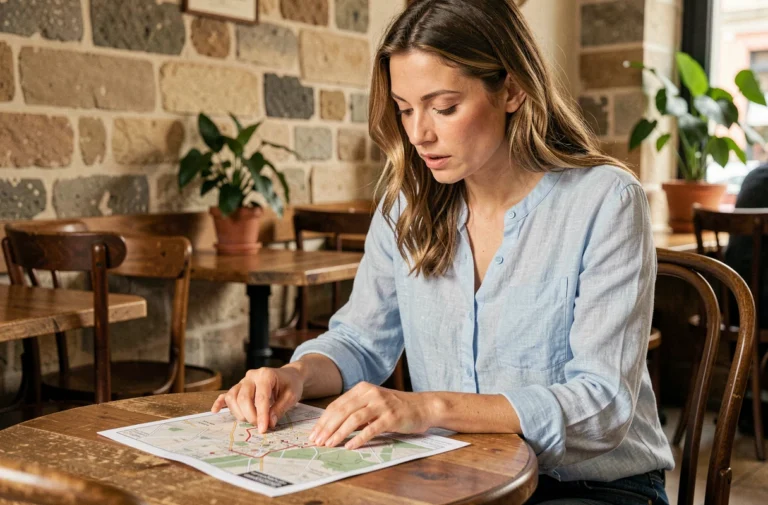 Femme consultant le plan du site Les P'tits Bonheurs à Nantes dans un café