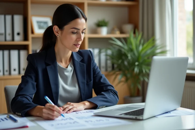 Femme consultant un dossier de prêt immobilier Casden à son bureau à domicile