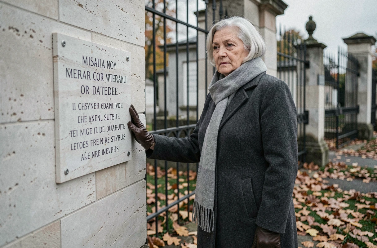 Femme âgée posant la main sur une plaque commémorative en calcaire dans un cimetière en automne