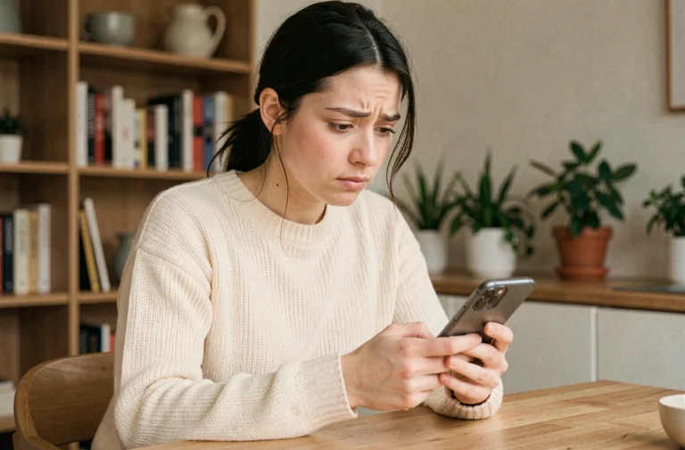 Femme consultant son téléphone avec une expression préoccupée, illustrant la propagation de rumeurs sur les réseaux sociaux en 2026