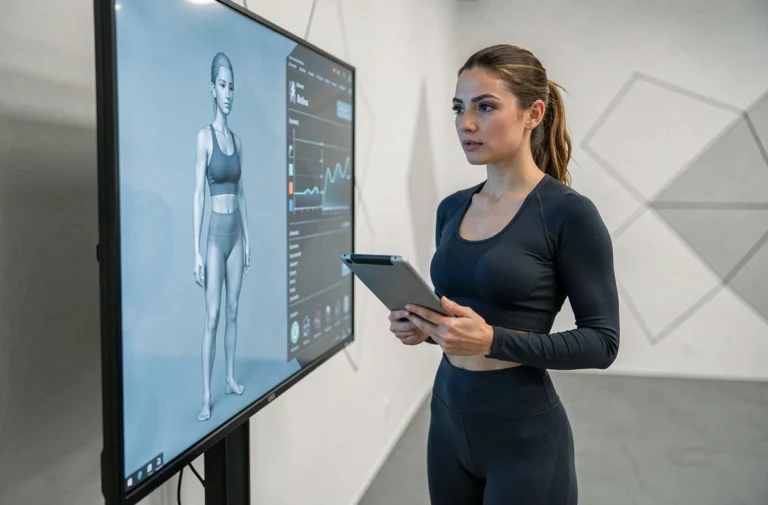 Femme créant sa silhouette virtuelle 3D sur un écran tactile à partir de ses mensurations réelles