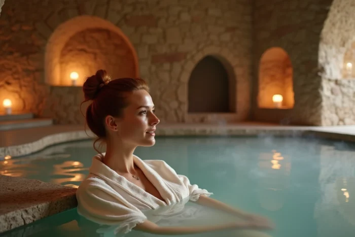 Femme se relaxant dans un spa intérieur en pierre voûtée d'un hôtel de charme alsacien avec ambiance bougie et architecture médiévale